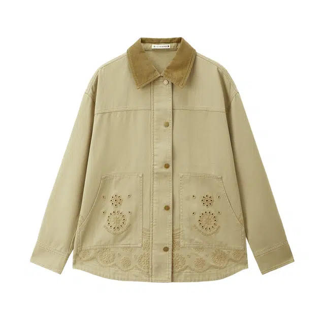 佐丹奴 纯棉镂空绣花拼接翻领梭织外套长袖夹克 女款