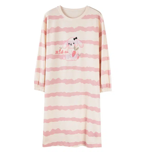 俏霓桐 舒适圆领长袖可爱兔兔甜美学生时尚居家睡衣家居服睡裙 女款