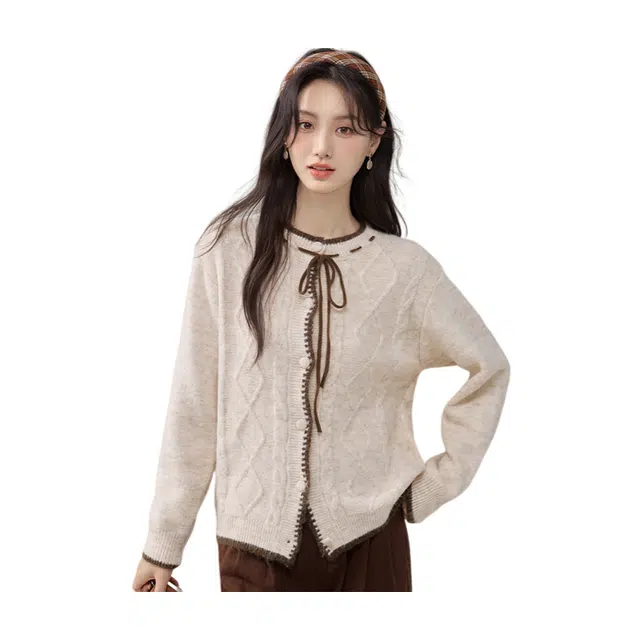 荟萃阁 麻花复古开衫韩系软糯系带休闲气质上衣针织衫 女款