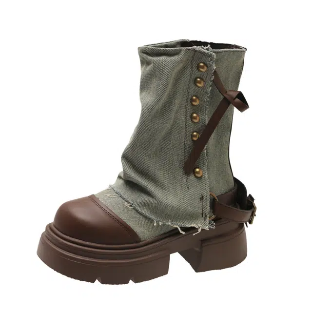 乐乐鱼 复古英伦风厚底西部牛仔短靴子小个子增高 马丁靴 女