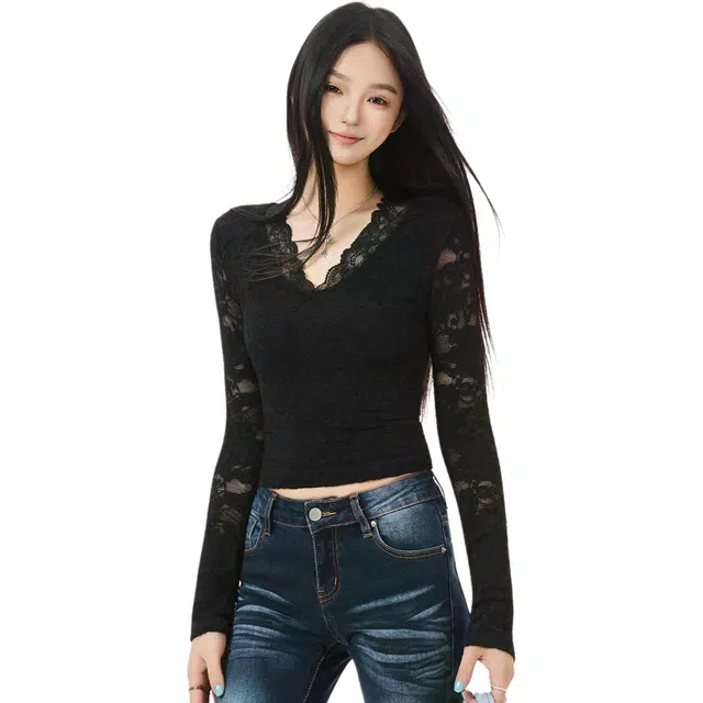 淑好百 蕾丝长袖修身收口袖辣妹风截短上衣 女款