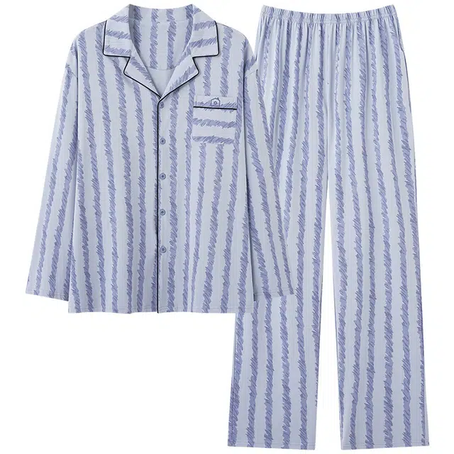 莫代尔 纯棉纯色亲肤舒适翻领开衫可外穿长袖长裤睡衣套装 男女同款