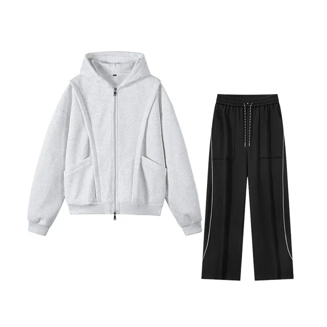 素杭 连帽卫衣美式宽松解构设计高街简约潮流两件搭配开衫外套休闲运动套装 男女同款