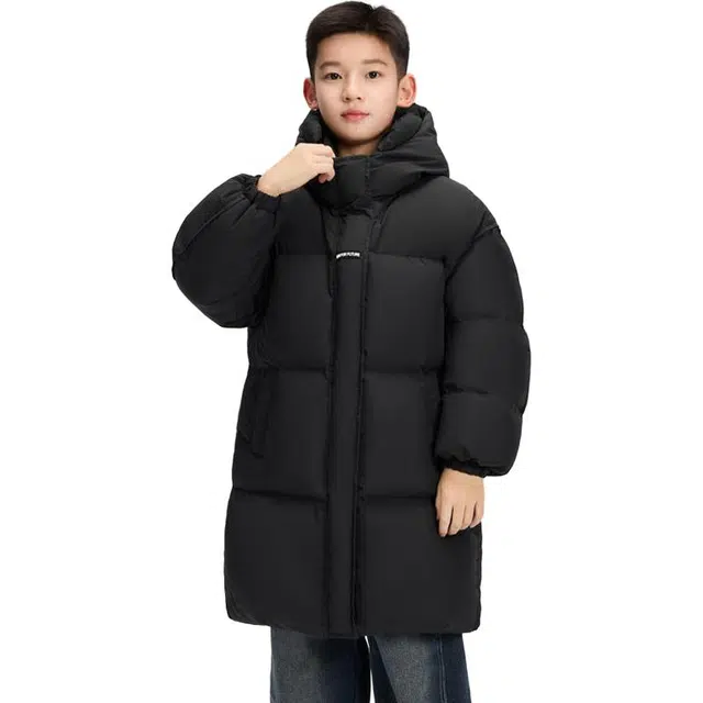 左西羽绒服 三防防风保暖连帽拉链中长款白鸭绒 青少年