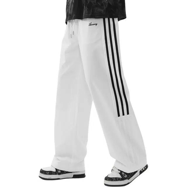 杜克恩 重磅纯棉条纹刺绣运动阔腿长裤秋季美式高街潮牌宽松直筒休闲裤 男款