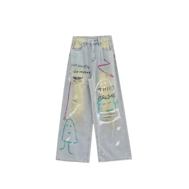 望莱仕 女夏季宽松阔腿裤美式街头涂鸦破洞彩绘设计感小众直筒长裤牛仔裤 女款