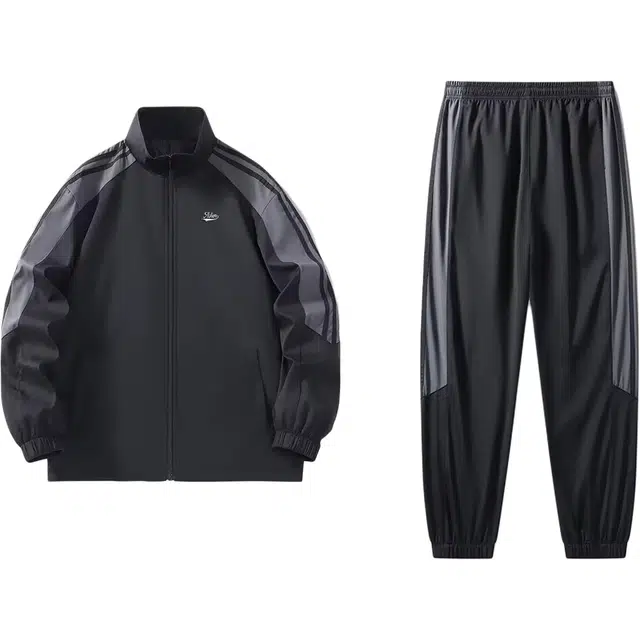 爱肯 美式基础款简约条纹拼接字母刺绣防风防泼水夹克外套日常通勤无性别主义户外露营爬山宽松百搭可调节束脚休闲运动套装 男女同款