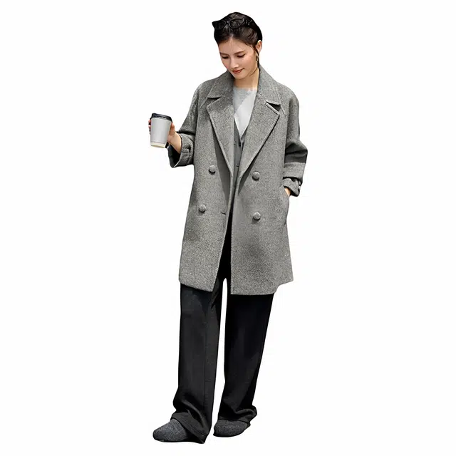 佐塞斯 高端品质轻奢复古摩登暗斜纹双面呢冬翻驳领中长款气质毛呢外套大衣 女款