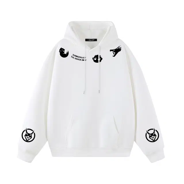 一人之下 美式高街雷法小白长虫印花图案休闲宽松舒适百搭精选个性高级户外运动日常通勤潮流时尚气质落肩长袖连帽卡通卫衣 男女同款