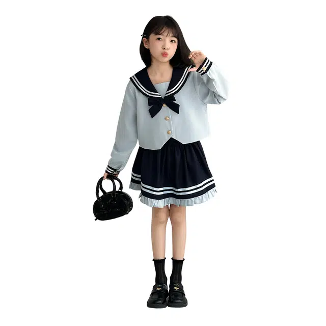 蓝彩何 裙装套装 女童春季学院风水手领上衣装中大童款日系半身裙长袖两件