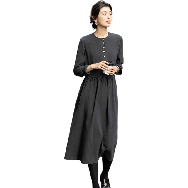 【dme】 秋季复古半开襟圆领抽皱收腰伞裙中长款暖暖的德绒经典设计高腰修身优雅气质百搭款式时尚显瘦法式风格拼接 长袖连衣裙 女款