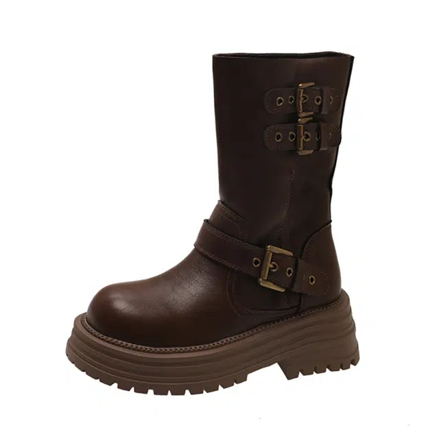 乐乐鱼 复古英伦风粗跟厚底中筒靴显瘦骑士靴短靴 马丁靴 女