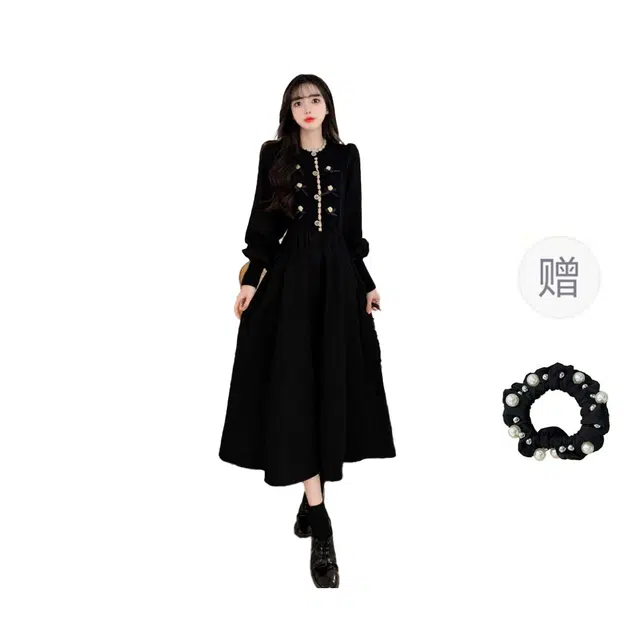 雾闪闪 包芯纱~气质显瘦重工花朵甜美针织拼接灯芯绒中长长袖连衣裙 女款