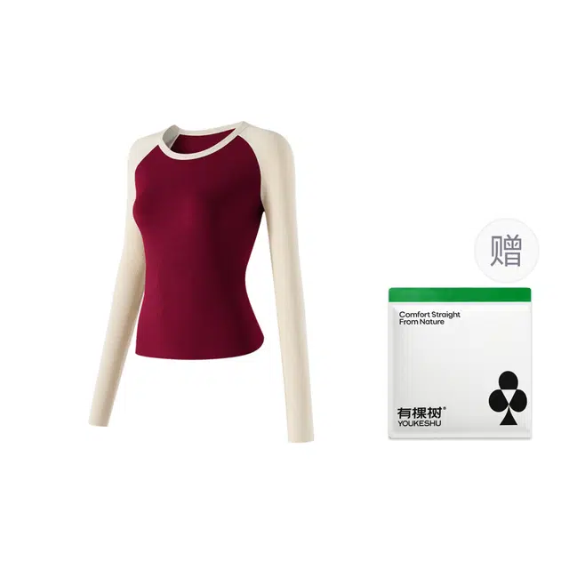 有棵树 秋冬季轻暖玻尿酸润肤圆领女士上衣撞色插肩袖修身显瘦内搭高级感简约百搭打底衣 女款