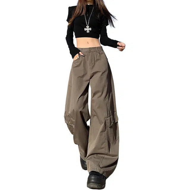 如续 美式复古辣妹弯刀秋季宽松显瘦多口袋阔腿工装裤休闲裤 女款