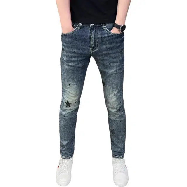 吉肯蒂 高端痞帅牛仔裤男潮牌五角星印花修身小脚裤弹力长裤 男款