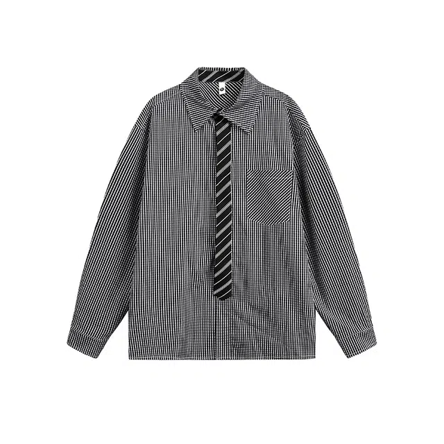 欧路得 欧路得 老钱风领带拼接长袖男女秋美式高街休闲上衣条纹翻领简约衬衣衬衫 男款