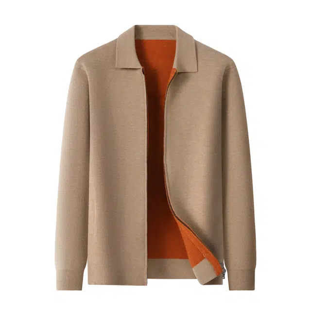 卡丹狄诺 加厚双拉链秋冬翻领开衫外套男保暖舒适轻奢品质毛衣男针织衫夹克 男款