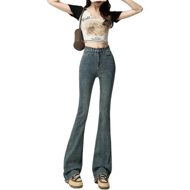 如续 春秋毛边复古高腰拖地喇叭修身九分&长裤&加长牛仔裤 女款