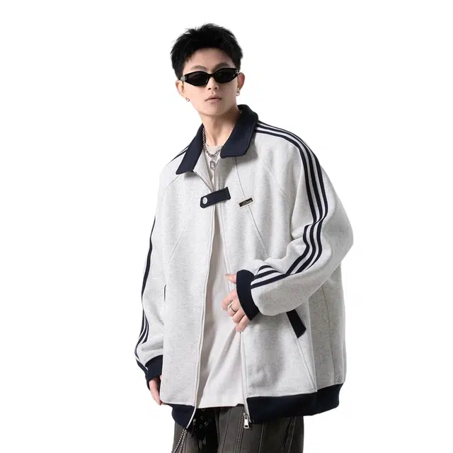 虫小绿 美式复古三条杠撞色棒球服春秋季重磅潮牌条纹运动休闲上衣潮流拉链开衫百搭拼接立领外套夹克 男女同款