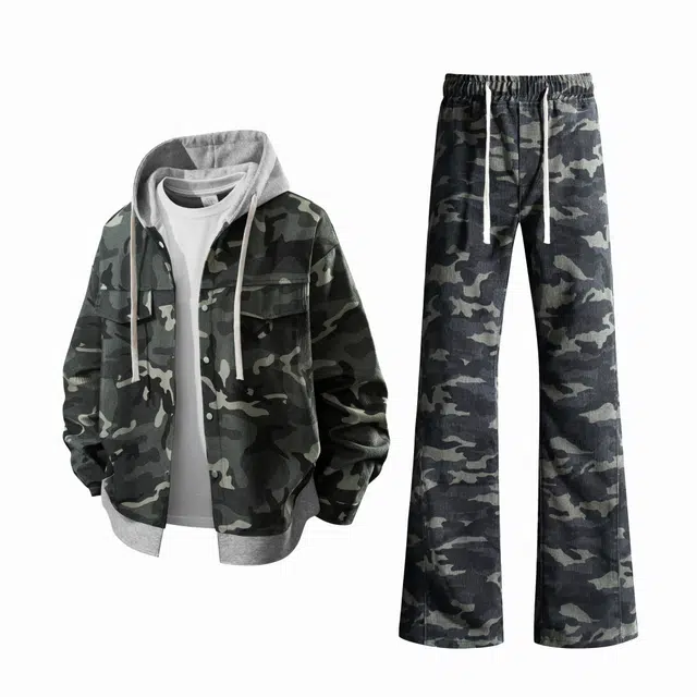 【迷彩军事风免搭配一套】布客行 灯芯绒假两件开衫长袖外套显高瘦国潮复古高街拼接机能柳叶弯刀微喇美式工装抽绳裤子卫衣套装 男女同款