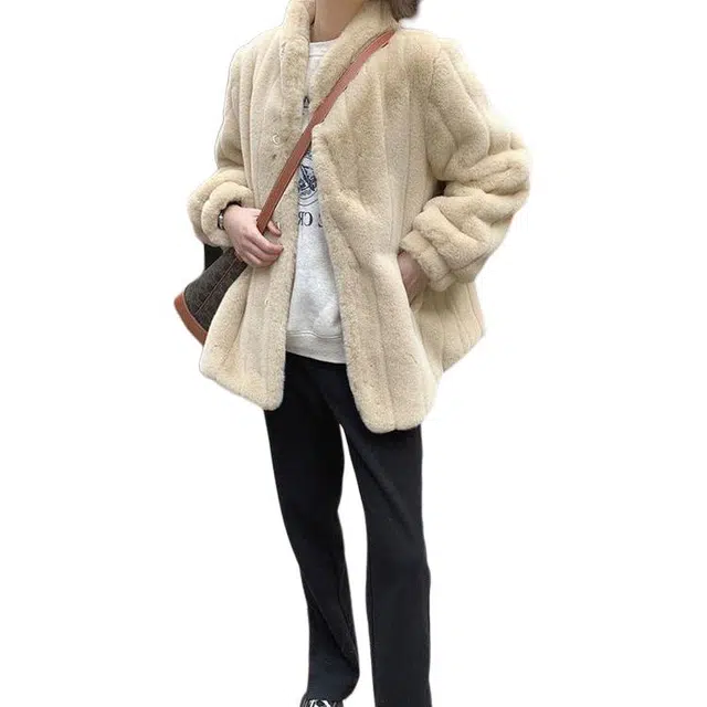 邓大喵 羊羔毛外套女冬季立领仿竖条纹水貂绒加厚毛毛绒上衣皮草 女款