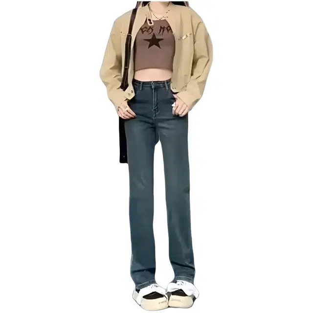 木木兔 潮流时尚宽松窄版直筒裤高腰显瘦弹力烟管裤牛仔裤 女款