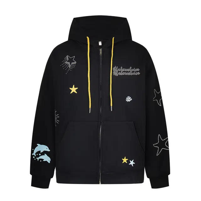 奇迹街区 美式街头豹纹字母烫钻图案小众设计感高街嘻哈时尚潮流百搭舒适宽松情侣日常慵懒感上衣外套拉链开衫卫衣 男女同款