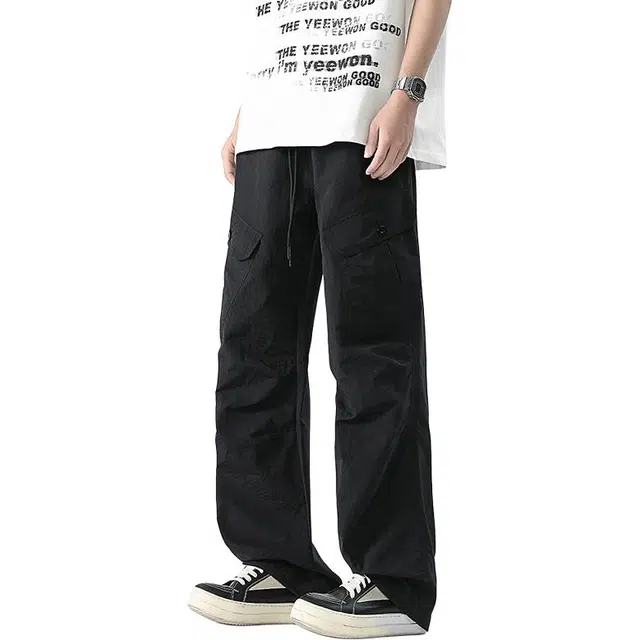 洋气先生 美式高街复古潮流垂感多口袋设计高级纯色长裤子宽松显高显腿长日常户外通勤徒步旅行简约时尚百搭系带工装休闲裤 男女同款