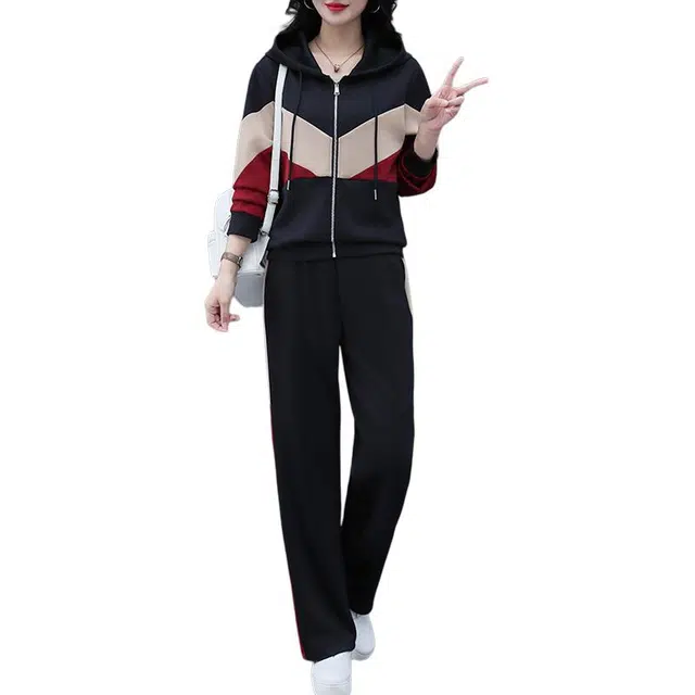 缪斯的诱惑 美式复古运动风春秋时尚潮流拼色连帽开衫外套阔腿裤两件套高质感长袖卫衣拉链针织衫舒适洋气减龄显高显瘦百搭轻便休闲套装 女款