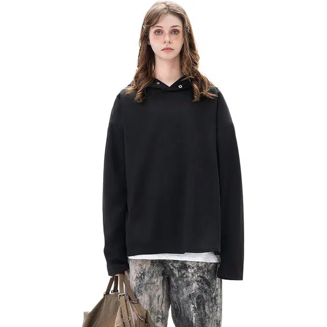 冈哉 美式高街重磅纯色结构设计一粒扣连帽基础款简约百搭痞帅个性潮流潮牌慵懒感城市日常通勤柔软舒适亲肤上衣卫衣 男女同款