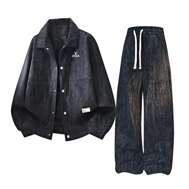 洋气先生 美式潮牌复古扎染痞帅时尚翻领单排扣防风保暖上衣外套夹克系带宽松阔腿显高显瘦简约休闲百搭长裤子卫衣套装 男女同款