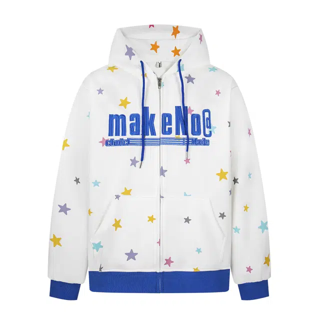 奇迹街区 美式复古星星满印字母图案刺绣设计感小众个性百搭舒适休闲宽松日常情侣潮牌街头时尚慵懒风连帽拉链帽衫卫衣 男女同款