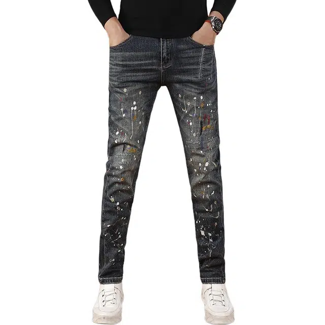 吉肯蒂 高街潮牌时尚印花裤子男秋季款潮流弹力男士牛仔裤 男款