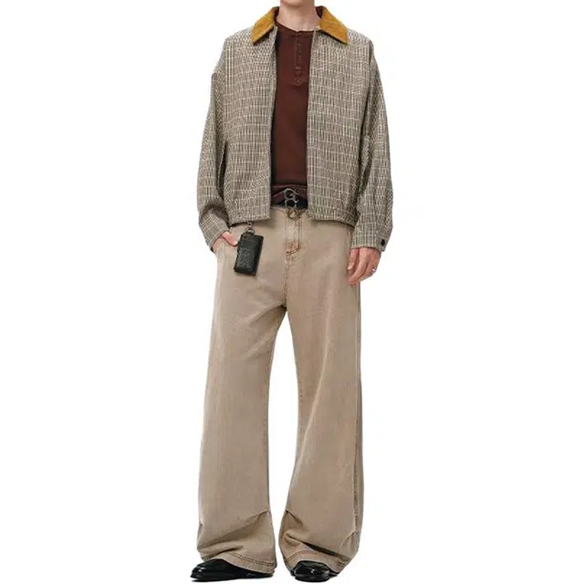 拓菲 日系复古千鸟格外套男款潮牌拼接翻领秋季短款格纹上衣夹克 男女同款