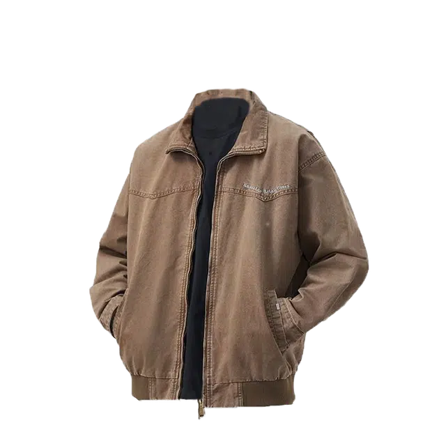 一碗士多 琥珀系重磅复古美式字母设计感拉链百搭小众纯色拼接做旧水洗宽松落肩袖翻领工装外套夹克 男女同款