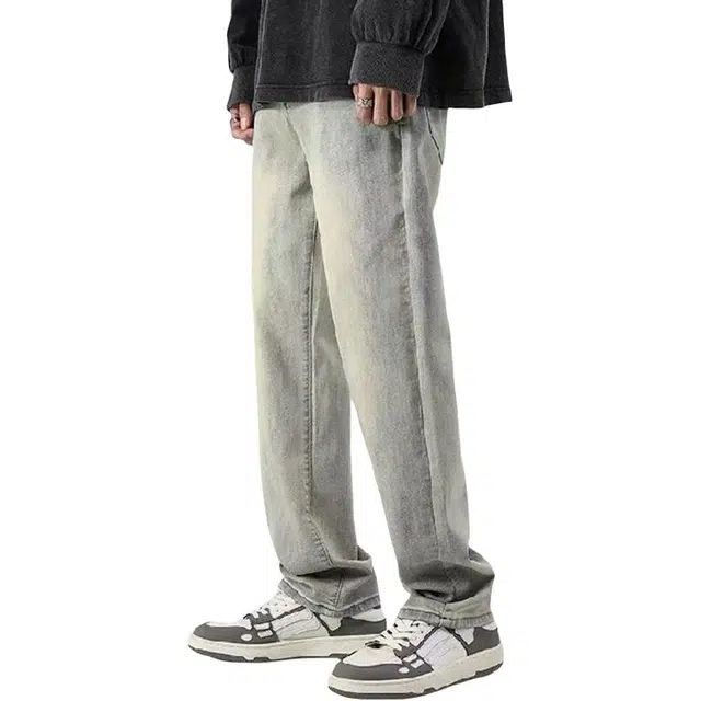 炳盛 高端复古男士秋季水洗做旧直筒宽松休闲长裤牛仔裤 男女同款