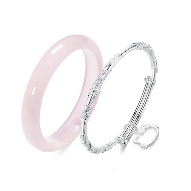 静范 透粉色玻璃猫眼美人镯新中式繁花似锦可爱小猫套装 精致时髦气质通勤百搭国潮古风清冷感旗袍汉服告白#好运 琉璃 手镯 女款