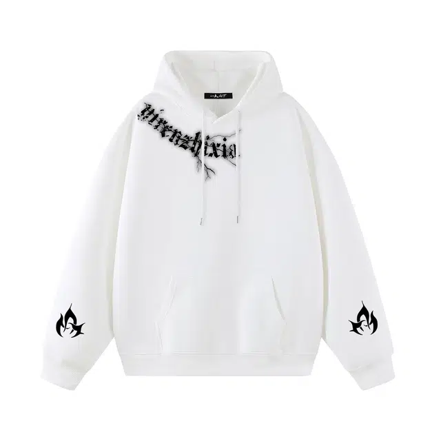 一人之下 美式高街半肩闪电字母三昧真火小标图案设计印花休闲宽松舒适百搭精选个性高级户外运动日常通勤潮流落肩长袖连帽卫衣 男女同款