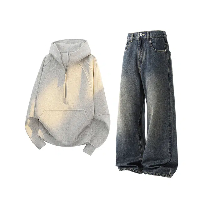 素杭 美式重磅帽衫半拉链结构正肩连帽卫衣外套搭配基础百搭日常通勤直筒牛仔裤两件套潮牌穿搭一整套休闲运动套装 男女同款