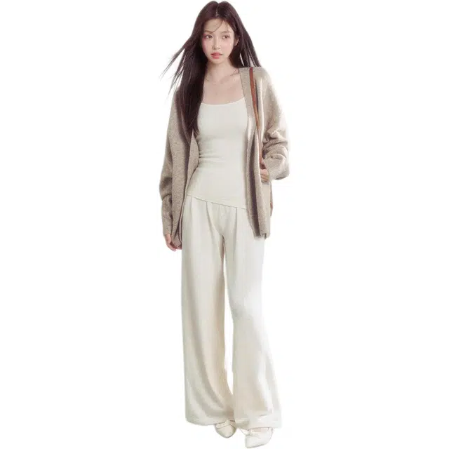 敲模女孩 韩系慵懒风高级感时尚针织开衫叠穿吊带内搭配高腰阔腿垂感长裤休闲套装 女款