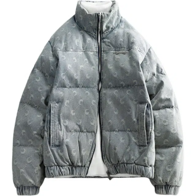 宫奴 日系复古潮牌做旧水洗月亮提花牛仔立领棉服 男女同款
