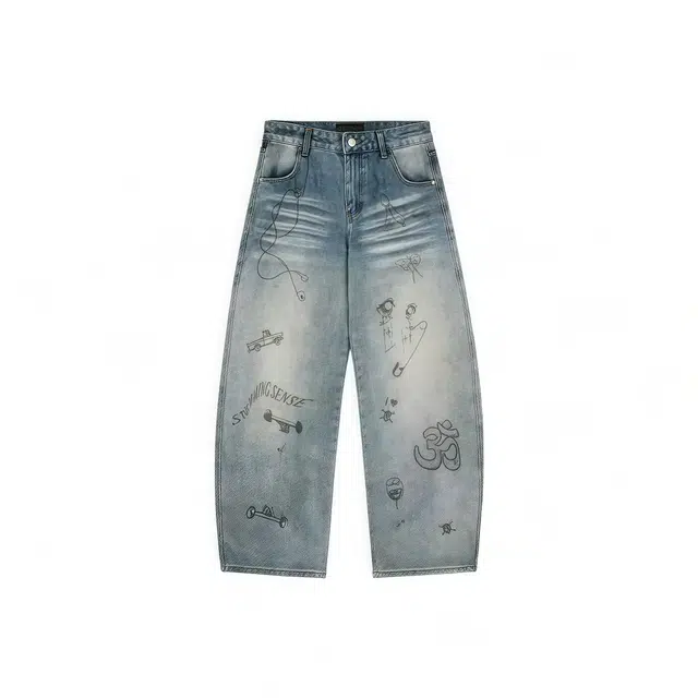 虫小绿 美式复古水洗做旧涂鸦印花设计感阔腿长裤春秋季潮流宽松痞帅休闲百搭直筒牛仔裤 男女同款