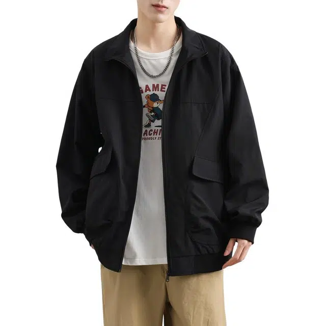 洋气先生 美式复古大口袋设计纯色翻领长袖休闲宽松舒适柔软防水防风日常户外通勤徒步旅游无性别主义简约百搭工装外套夹克 男女同款