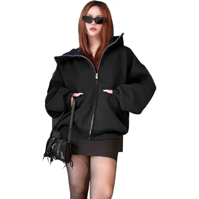 冈哉  美式高街防风高领连帽基础款纯色简约百搭痞帅个性潮流潮牌慵懒感城市日常通勤柔软舒适卫衣  男女同款