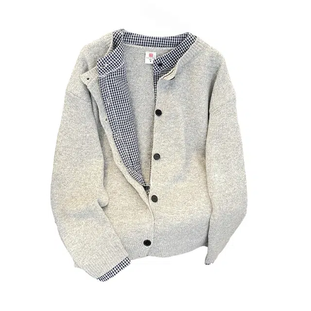 半空山 纯色简约基础款假两件撞色格子拼接潮流宽松百搭软糯舒适亲肤透气高质感单排扣开衫圆领针织衫 男女同款