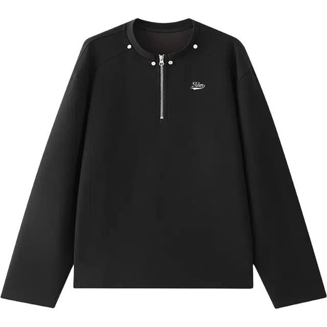 爱肯 美式高街风纽扣设计拉链领口复古街头宽松百搭舒适小众户外通勤城市学院风无性别主义亨利领长袖卫衣 男女同款