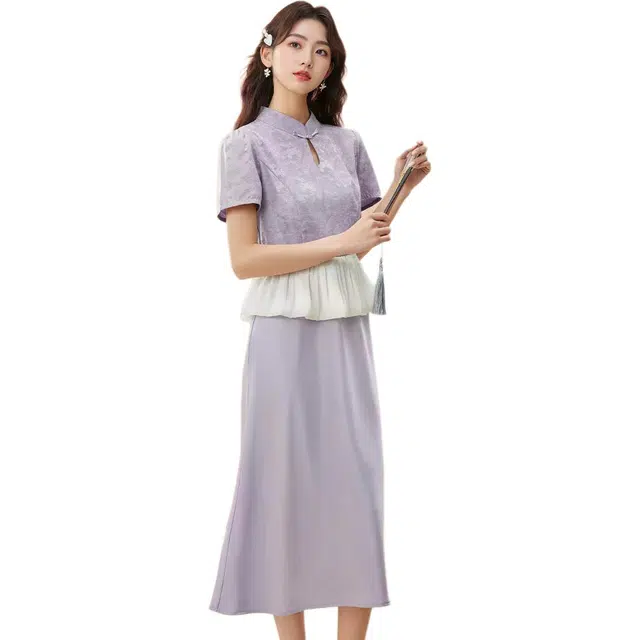 爱依服 时尚国风旗袍裙常规袖短袖修身型中式风长袖连衣裙 女款