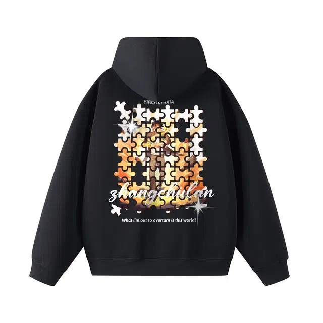 一人之下 美式高街艺术卡通字母张楚岚拼图印花设计感宽松舒适日常通勤落肩长袖连帽卫衣 男女同款