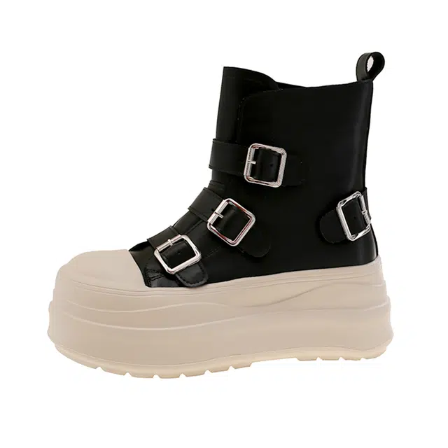 乐乐鱼 圆头厚底皮带扣西部靴时尚百搭松糕鞋 短靴 女